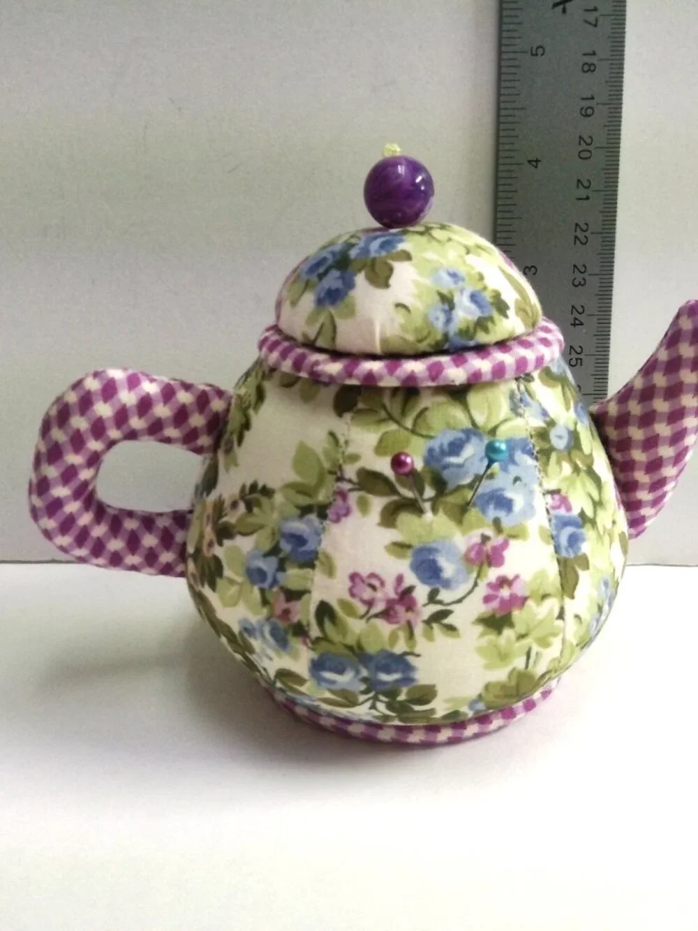 Dritz Collectible Pin Cushion Teapot Floral Pattern Blue Purple Vintage